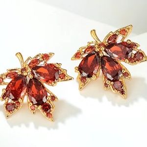Sparkling Orange Crystal Fall Leaves Stud Earrings, Post Backs, Gold Tone, New